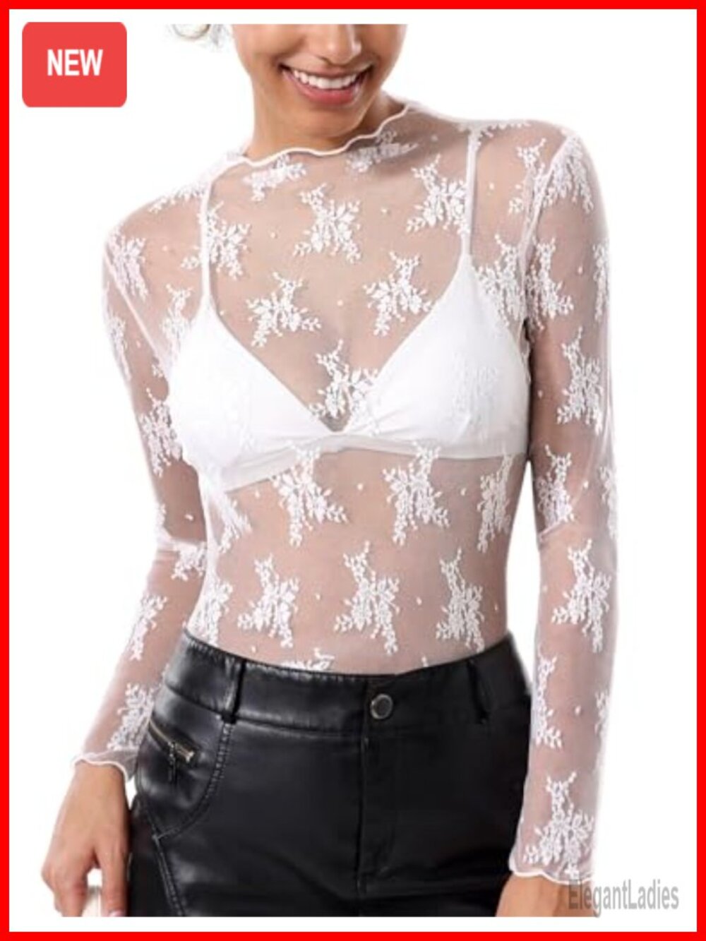 Women Lace Mesh Long Sleeve Sheer Top Mock Neck Embroidery Blouse